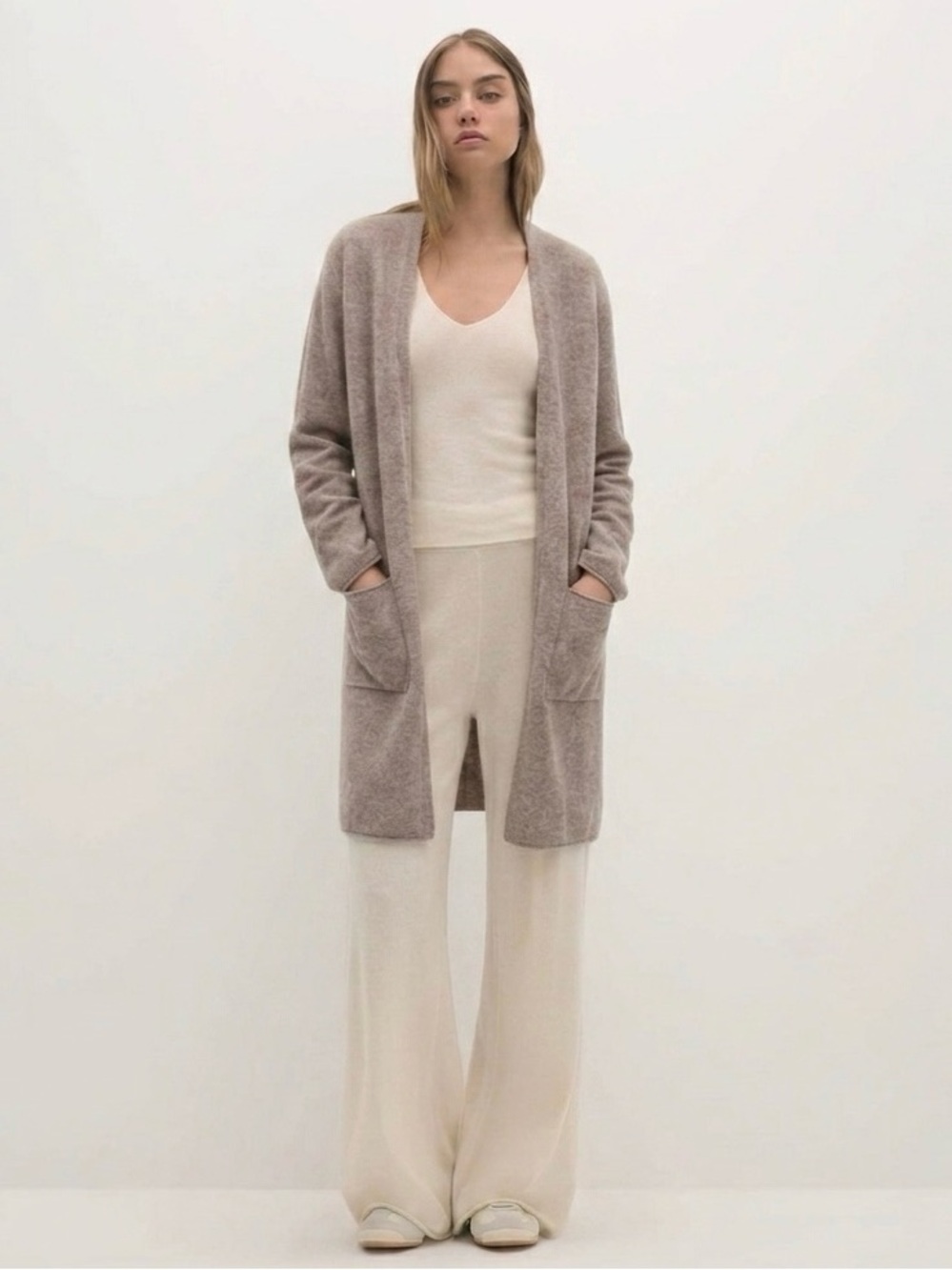CLUB MONACO 100% Cashmere Open Front Cardigan Sweater Taupe Size Large Cozy Fall